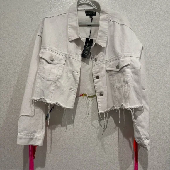 Dolls Kill Club Exx Rainbow Fringe Cropped Distressed Denim Jacket Size XXL - Picture 2 of 9